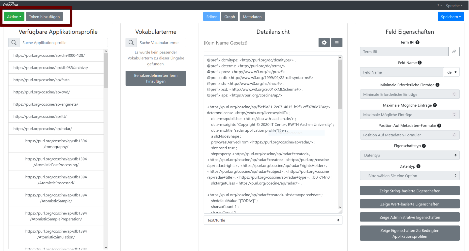 Menu of the form generator. 
    At the top left, you can select Add action and token.